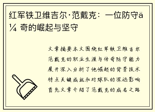 红军铁卫维吉尔·范戴克：一位防守传奇的崛起与坚守