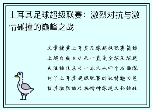 土耳其足球超级联赛：激烈对抗与激情碰撞的巅峰之战