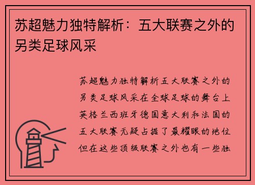 苏超魅力独特解析：五大联赛之外的另类足球风采